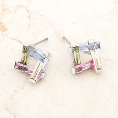 Lyra Multicolor CZ Rhodium Stud Earrings