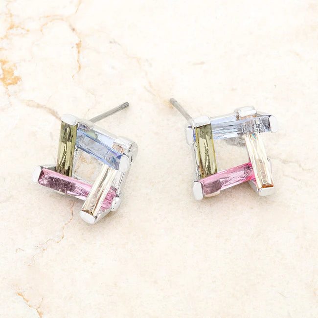 Lyra Multicolor CZ Rhodium Stud Earrings